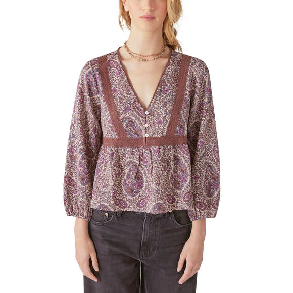 Lucky Brand Tops - Lucky Brand Printed Lace Inset Babydoll Top - Mauve Multi
